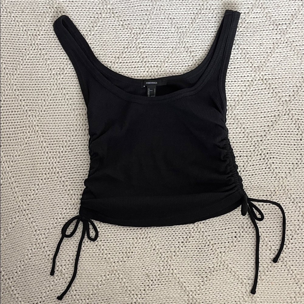 Forever 21 Black Ruched Drawstring Tank Top Ribbed Sleeveless Sz L